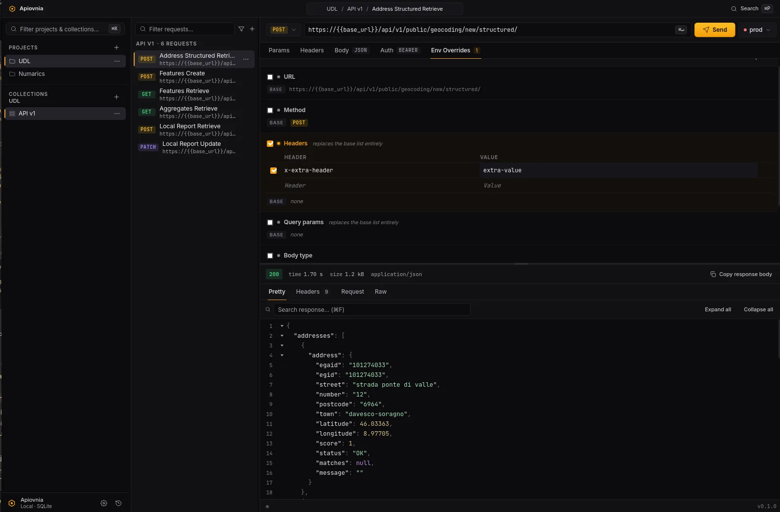 The env override editor — per-field toggles with the base value shown beneath each override