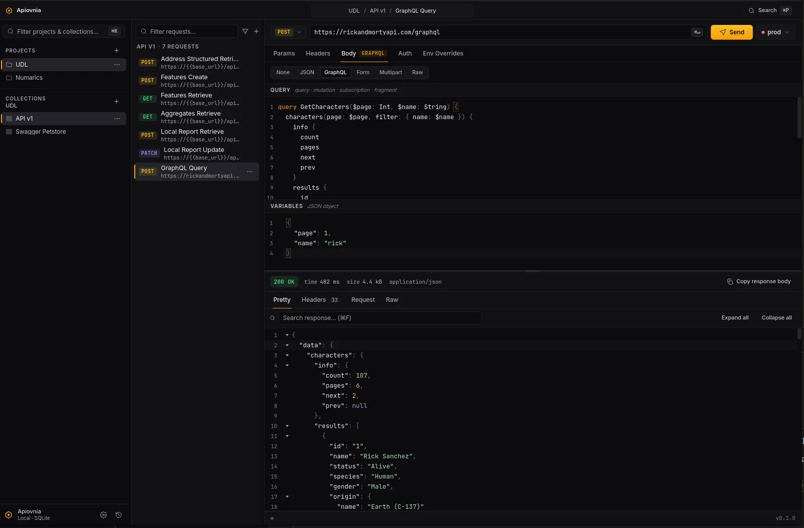 The GraphQL editor — split query and variables panes
