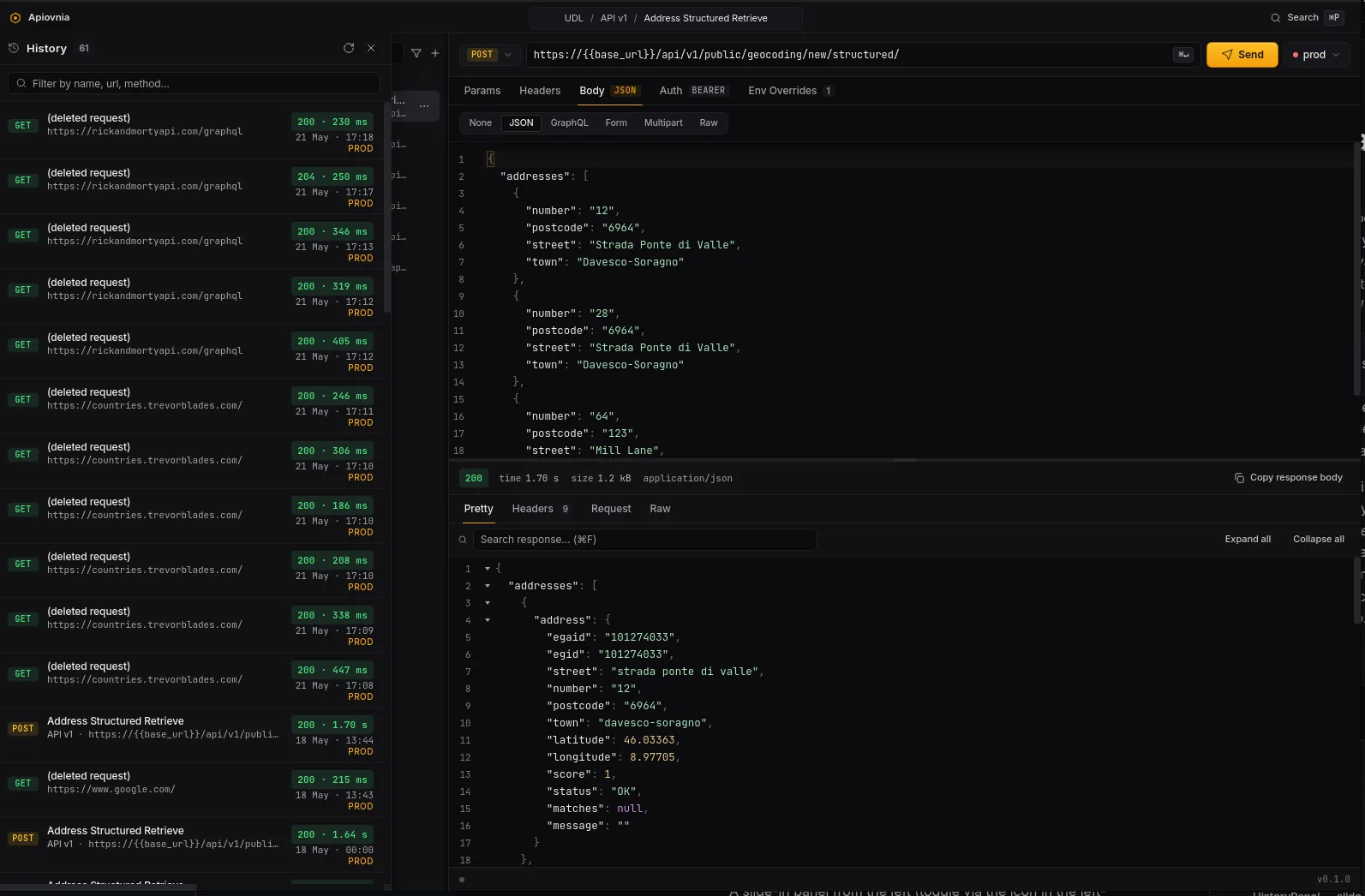 The history panel — recent executions with status, timing and env badge