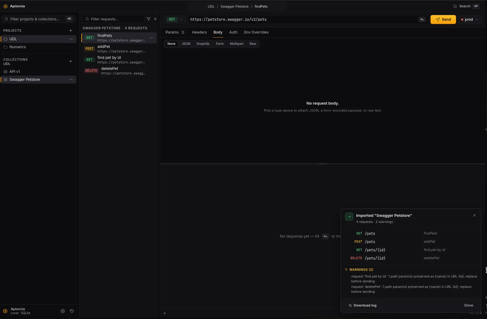 Importing an OpenAPI spec — requests materialised from the document