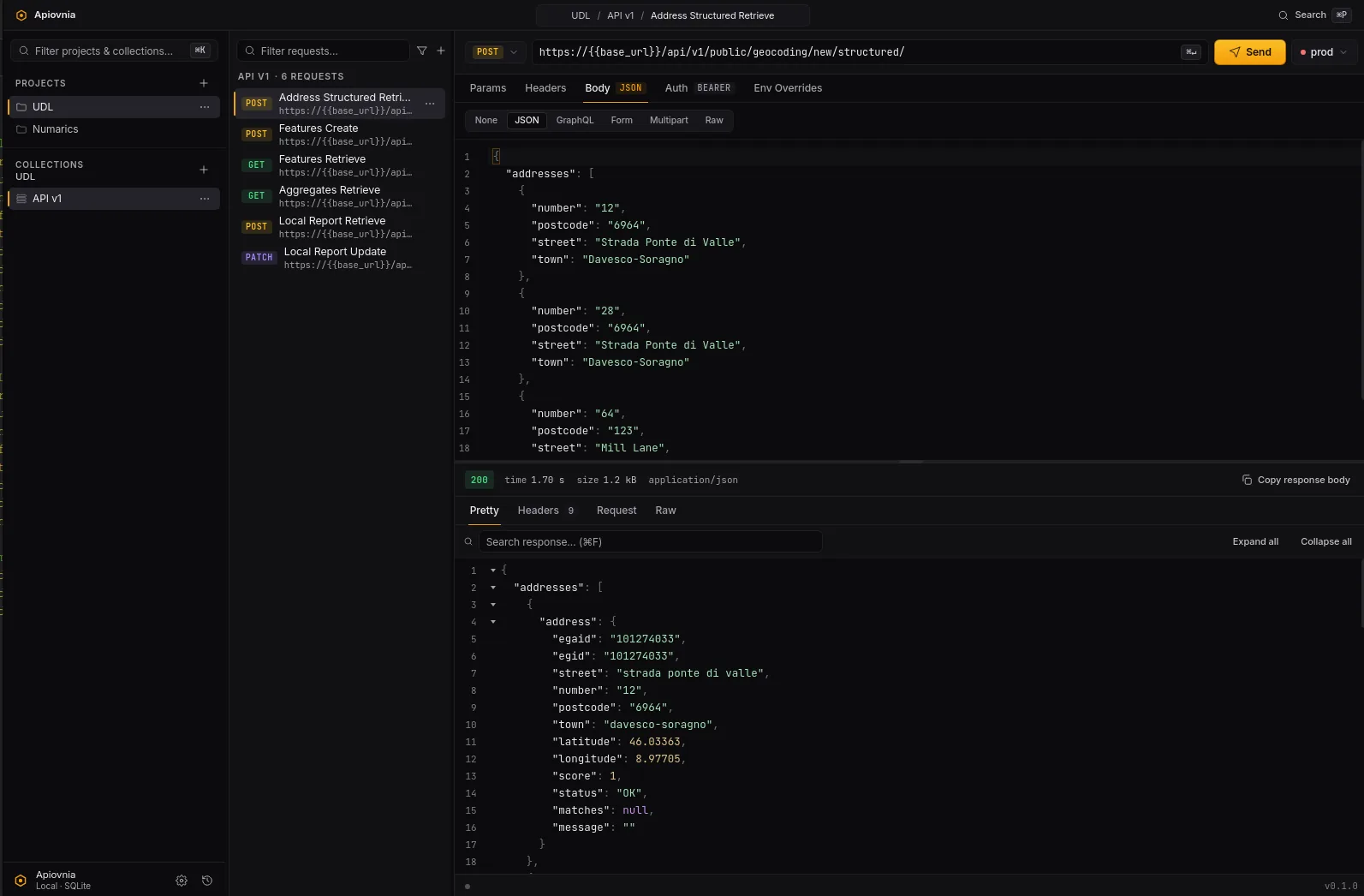 Apiovnia — the three-panel shell with projects, requests, the request editor and the response viewer