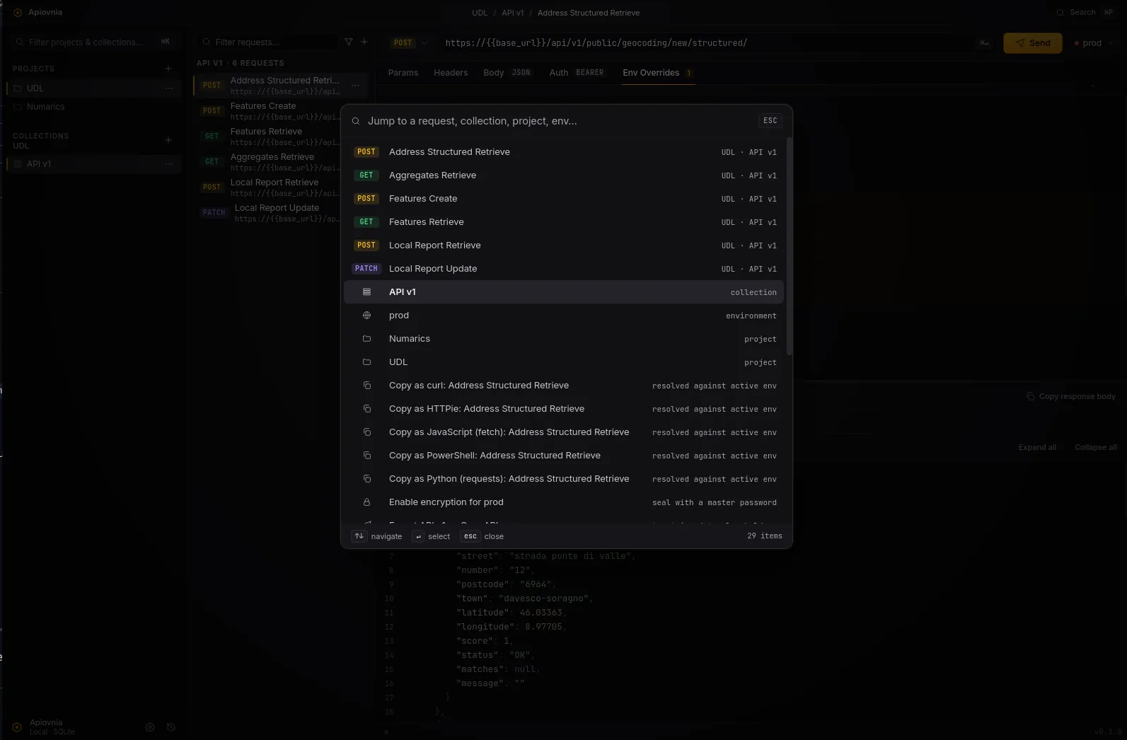 The command palette — fuzzy results across requests, collections, envs and actions